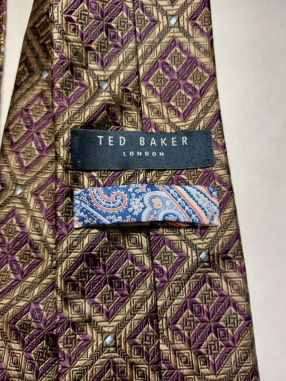 Ted Baker Purple and Gold Geometric Silk Tie with Paisley Tip